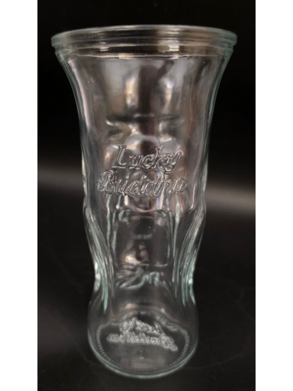 Vintage Lucky Buddha Clear Glass Tumbler Cup 6.5” Embossed Smiling Buddha Barwar - Picture 3 of 5